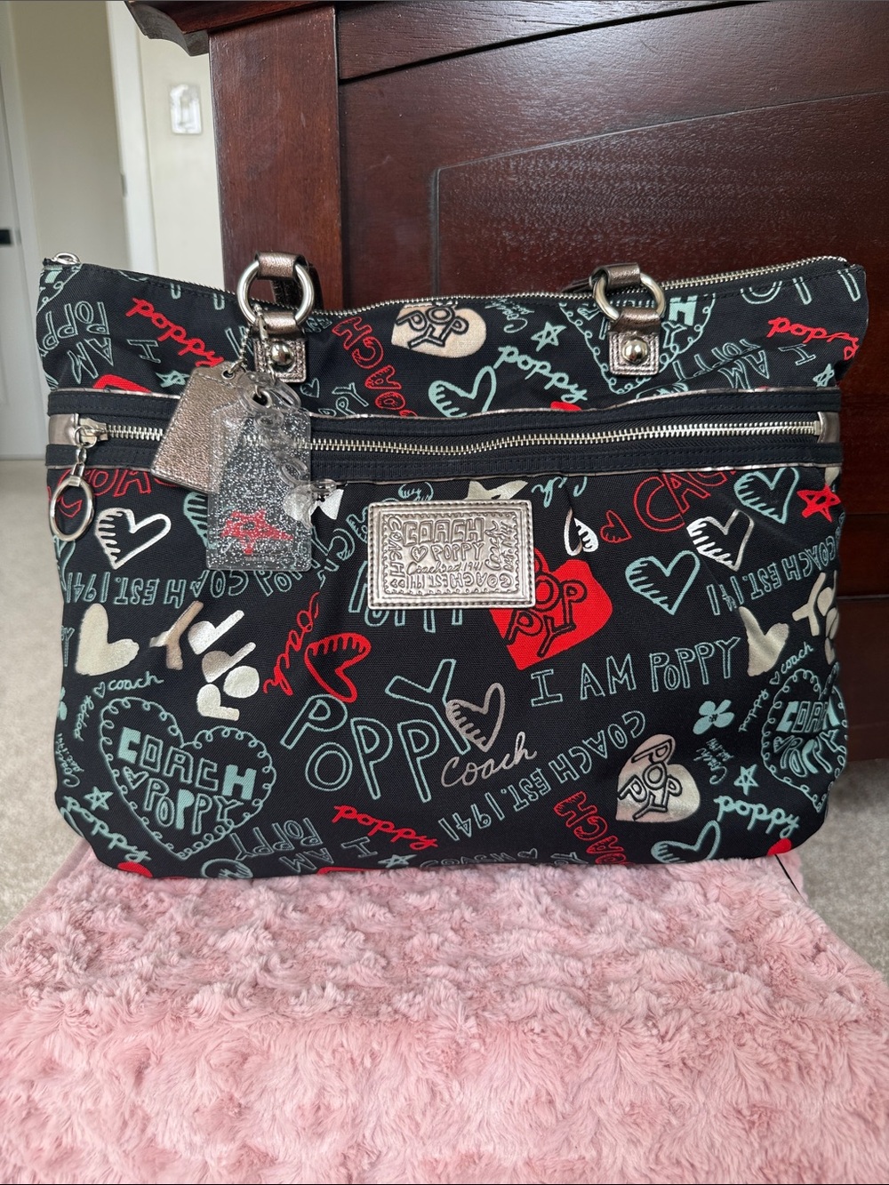 Coach Poppy graffiti large glam tote with three hanging tags
